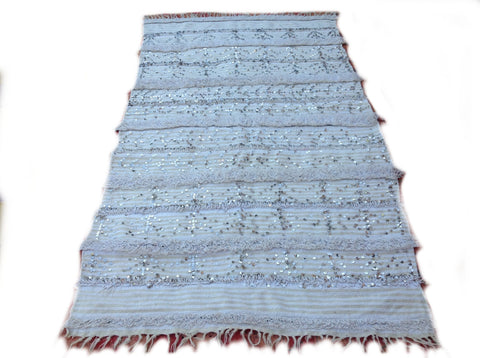 HANDIRA. Vintage Moroccan Rug. Wool Wedding Quilt Blanket. Tribal Sequins + Modern Design.