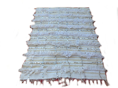 HANDIRA. Vintage Moroccan Rug. Wool Wedding Quilt Blanket. Tribal Sequins + Modern Design.