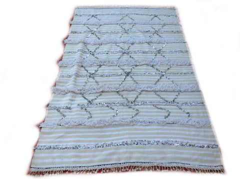 HANDIRA. Vintage Moroccan Rug. Wool Wedding Quilt Blanket. Tribal Sequins + Modern Design.