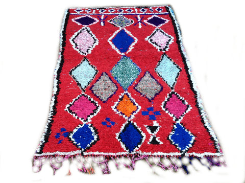 BOUCHEROUITE. Vintage Moroccan Rug. Wool Boucherouite Carpet. Modern Design.