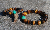Men Women Brown Tiger Eye Bracelet Turquoise Gemstone 925 Sterling Silver Spacers DiyNotion BR017F