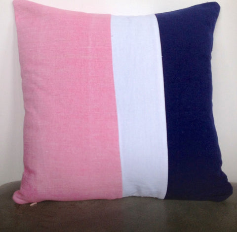 50% OFF Sale Color Block Pink, White, Navy Blue 16"x16" Modern Home Decor Pillow Cover