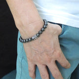 Men/Women Stretchable Gemstone Bracelet Hematite Round Beads & S925 Sterling Silver Charm DiyNotion BR142E