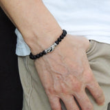 Men/Women Stretchable Bracelet Matte Black Onyx Healing Stone S925 Sterling Silver Lucky Fish Charm DiyNotion BR157