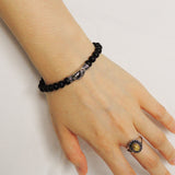 Men/Women Stretchable Bracelet Matte Black Onyx Healing Stone S925 Sterling Silver Lucky Fish Charm DiyNotion BR157