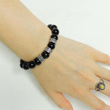 Men Women Black Obsidian Bracelet Handmade Gemstone 925 Sterling Silver Cross Spacer & Clasp DiyNotion BR162