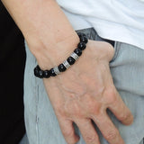 Men Women Black Obsidian Bracelet Handmade Gemstone 925 Sterling Silver Cross Spacer & Clasp DiyNotion BR162