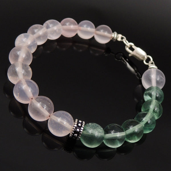 Handmade Rose Quartz Fluorite Bracelet Gemstone 925 Sterling Silver Clasp & Spacers DiyNotion BR186
