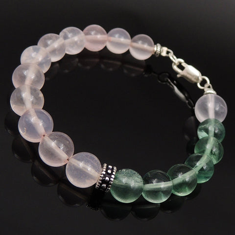 Handmade Rose Quartz Fluorite Bracelet Gemstone 925 Sterling Silver Clasp & Spacers DiyNotion BR186