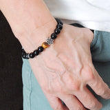 Men's Women Black Obsidian Tiger Eye Bracelet  Sterling Silver Chinese Lucky Knot DiyNotion BR195
