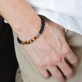 Men's Women Matte Black Onyx Tiger Eye Bracelet Sterling Silver Fleur de Lis Bead 925 Handmade DiyNotion BR190