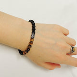 Men's Women Matte Black Onyx Tiger Eye Bracelet Sterling Silver Fleur de Lis Bead 925 Handmade DiyNotion BR190