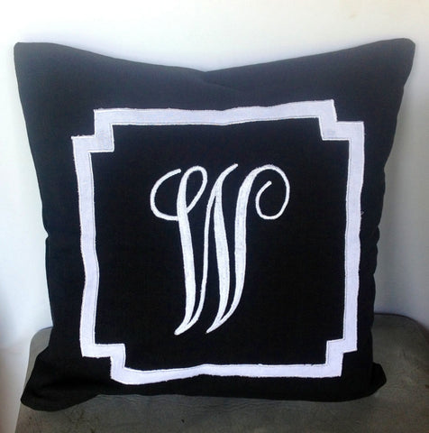 Monogrammed black embroidered border pillow cover, black throw pillows, 16 inches Decorative Pillow cover