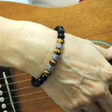 Handmade Men Women Healing Gemstone Bracelet Black Obsidian Tiger Eye 925 Sterling Silver Spacers Clasp DiyNotion BR123C