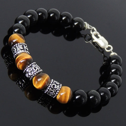 Handmade Men Women Healing Gemstone Bracelet Black Obsidian Tiger Eye 925 Sterling Silver Spacers Clasp DiyNotion BR123C