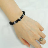 Men's Women Black Obsidian 925 Sterling Silver Skull Bracelet Fleur de Lis Spacers DiyNotion Handmade BR224