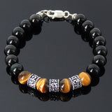 Handmade Men Women Healing Gemstone Bracelet Black Obsidian Tiger Eye 925 Sterling Silver Spacers Clasp DiyNotion BR123C