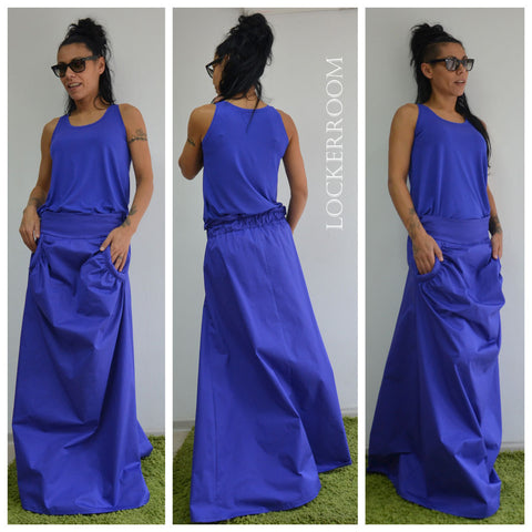 Woman Oversize blue skirt /Spring Long skirt/Woman asymmetric skirt/Woman cotton  skirt/maxi fashion skirt/ Extravagant Long Skirt