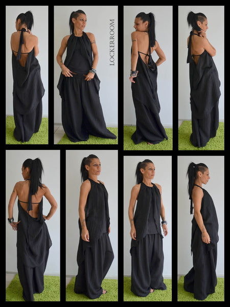 Black Linen set/Loose Asymmetrical Black Pants/Linen extravagant pants/Linen black tunic/Linen black top