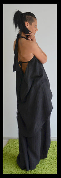 Black Linen set/Loose Asymmetrical Black Pants/Linen extravagant pants/Linen black tunic/Linen black top