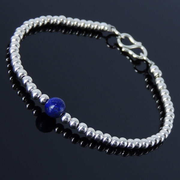 Men Women Healing Gemstone Bracelet 6mm Lapis Lazuli 3mm 925 Sterling Silver Beads & S-hook Clasp BR202