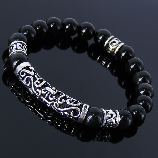 Handmade Men Women Gemstone Bracelet Black Obsidian 925 Sterling Silver Lucky Charm DiyNotion BR021