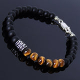 Men's Women Matte Black Onyx Tiger Eye Bracelet Sterling Silver Fleur de Lis Bead 925 Handmade DiyNotion BR190
