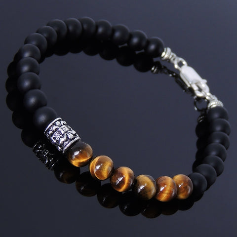 Men's Women Matte Black Onyx Tiger Eye Bracelet Sterling Silver Fleur de Lis Bead 925 Handmade DiyNotion BR190