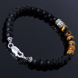 Men's Women Matte Black Onyx Tiger Eye Bracelet Sterling Silver Fleur de Lis Bead 925 Handmade DiyNotion BR190