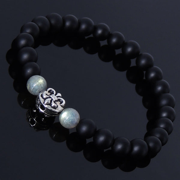 Men's Women Matte Black Onyx Labradorite Sterling Silver Bracelet 925 Fleur de Lis Bead DiyNotion Handmade BR233
