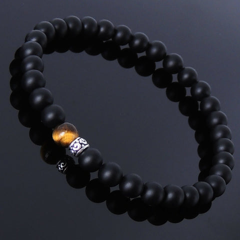Men's Women Matte Black Onyx Tiger Eye Sterling Silver Bracelet Gemstone 925 Lucky Spacer DiyNotion Handmade BR192E