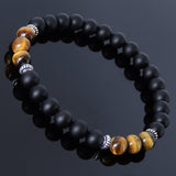 Men's Women Matte Black Onyx Tiger Eye Sterling Silver Bracelet Gemstone 925 Spacer DiyNotion Handmade BR235