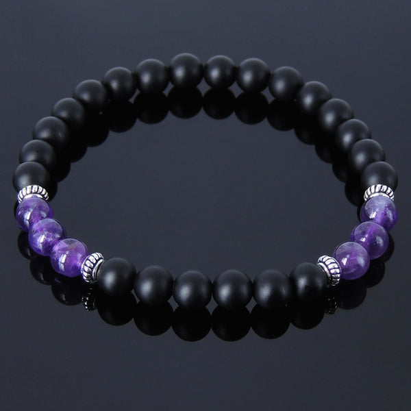 Men's Women Matte Black Onyx Amethyst Sterling Silver Bracelet 925 Spacer Gemstone DiyNotion Handmade BR236