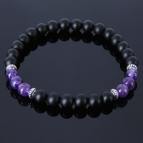 Men's Women Matte Black Onyx Amethyst Sterling Silver Bracelet 925 Spacer Gemstone DiyNotion Handmade BR236