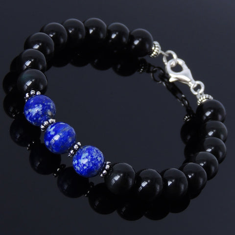 Men's Women Black Obsidian Lapis Bracelet Sterling Silver Spacer & Clasp DiyNotion BR120