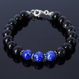 Men's Women Black Obsidian Lapis Bracelet Sterling Silver Spacer & Clasp DiyNotion BR120