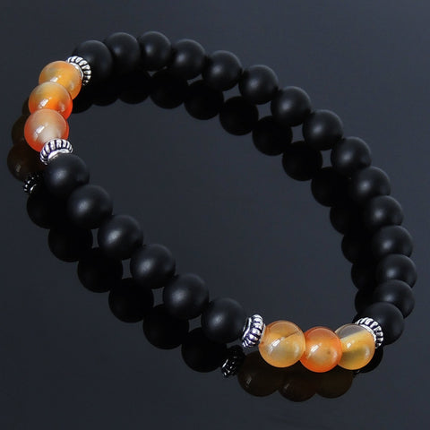 Men's Women Matte Black Onyx Carnelian Sterling Silver Bracelet 925 Spacer Gemstone DiyNotion Handmade BR237