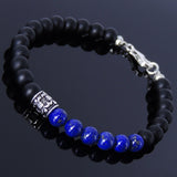 Men's Women Matte Black Onyx Lapis Bracelet Sterling Silver Fleur de Lis Bead 925 Handmade DiyNotion BR175