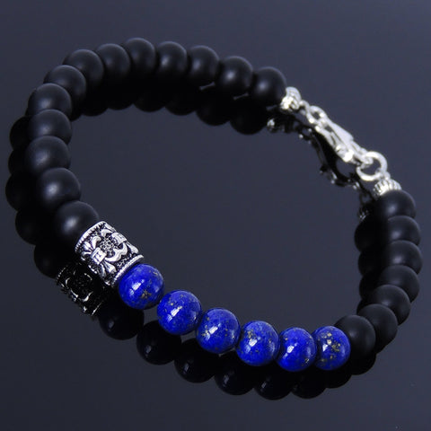 Men's Women Matte Black Onyx Lapis Bracelet Sterling Silver Fleur de Lis Bead 925 Handmade DiyNotion BR175