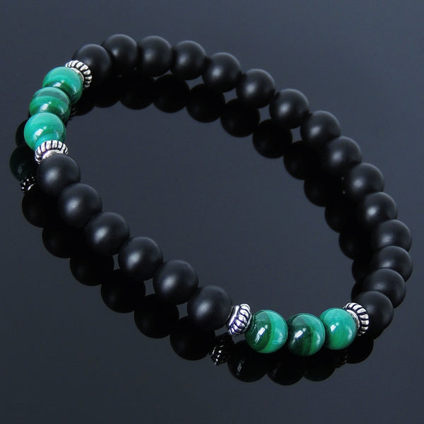 Men/Women Stretchable Bracelet Matte Black Onyx Malachite Gemstone S925 Sterling Silver Spacer DiyNOtion BR241