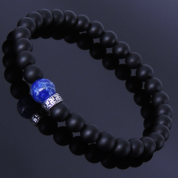 Men's Women Matte Black Onyx Lapis Sterling Silver Bracelet Gemstone DiyNotion Handmade BR193