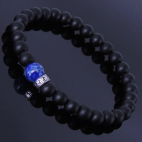 Men's Women Matte Black Onyx Lapis Sterling Silver Bracelet Gemstone DiyNotion Handmade BR193