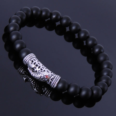 Men/Women Stretchable Bracelet Matte Black Onyx Healing Stone S925 Sterling Silver Lucky Fish Charm DiyNotion BR157