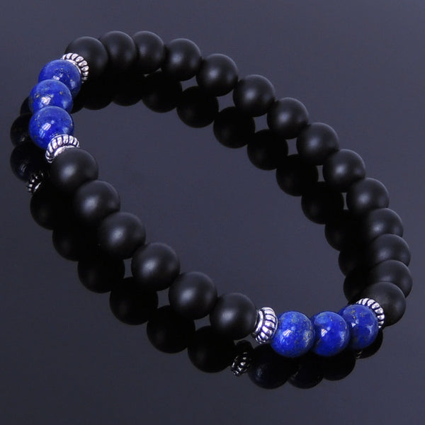 Men's Women Matte Black Onyx Lapis Sterling Silver Bracelet 925 Spacer Gemstone DiyNotion Handmade BR223