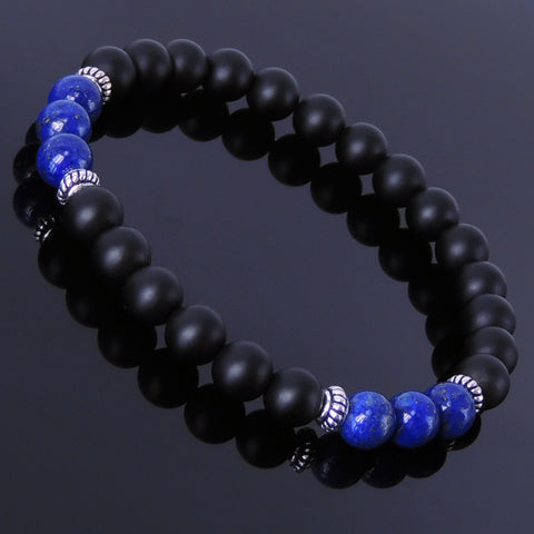 Men's Women Matte Black Onyx Lapis Sterling Silver Bracelet 925 Spacer Gemstone DiyNotion Handmade BR223