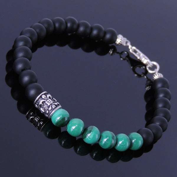 Men's Women Matte Black Onyx Malachite Sterling Silver Bracelet 925 Fleur de Lis Bead & Clasp Gemstone DiyNotion Handmade BR250