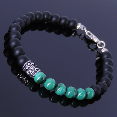 Men's Women Matte Black Onyx Malachite Sterling Silver Bracelet 925 Fleur de Lis Bead & Clasp Gemstone DiyNotion Handmade BR250