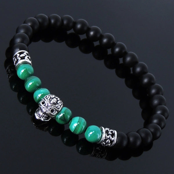 Men/Women Stretchable Gemstone Bracelet Matte Black Onyx Malachite Gemstone S925 Sterling Silver Skull Spacer DiyNotion BR247