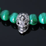 Men/Women Stretchable Gemstone Bracelet Matte Black Onyx Malachite Gemstone S925 Sterling Silver Skull Spacer DiyNotion BR247