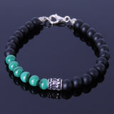 Men's Women Matte Black Onyx Malachite Sterling Silver Bracelet 925 Fleur de Lis Bead & Clasp Gemstone DiyNotion Handmade BR250
